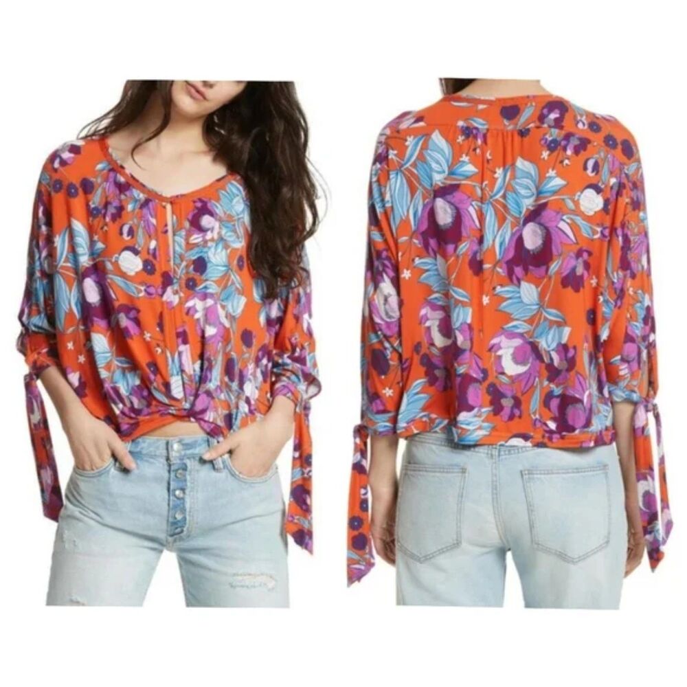 Free People Keepin' On Orange Floral Print Top, Sz Large, Festival Bohemian